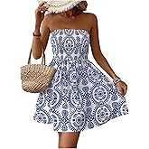 Floerns Women's Paisley Strapless Tube Dress Sleeveless Flared Hem A Line Dresses