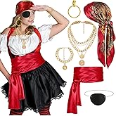6PCS Pirate Costume Accessories Women, Pirate Bandana Red Head Scarf Sash Jewelry Necklace Earrings Eye Patch Halloween Cosplay Outfit for Adult