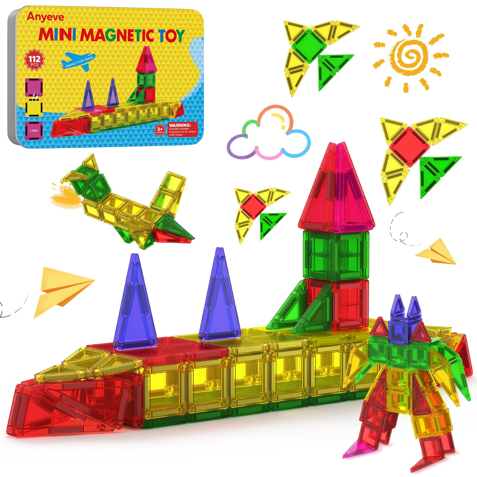 Photo 1 of 112PCS Mini Magnetic Tiles for Kids, Magnetic Tiles Travel Set with Iron Box, Portable Construction Toys STEM Educational Building Set for Kids Ages 4-8 Toddlers, Boys & Girls Birthday New Year Gift