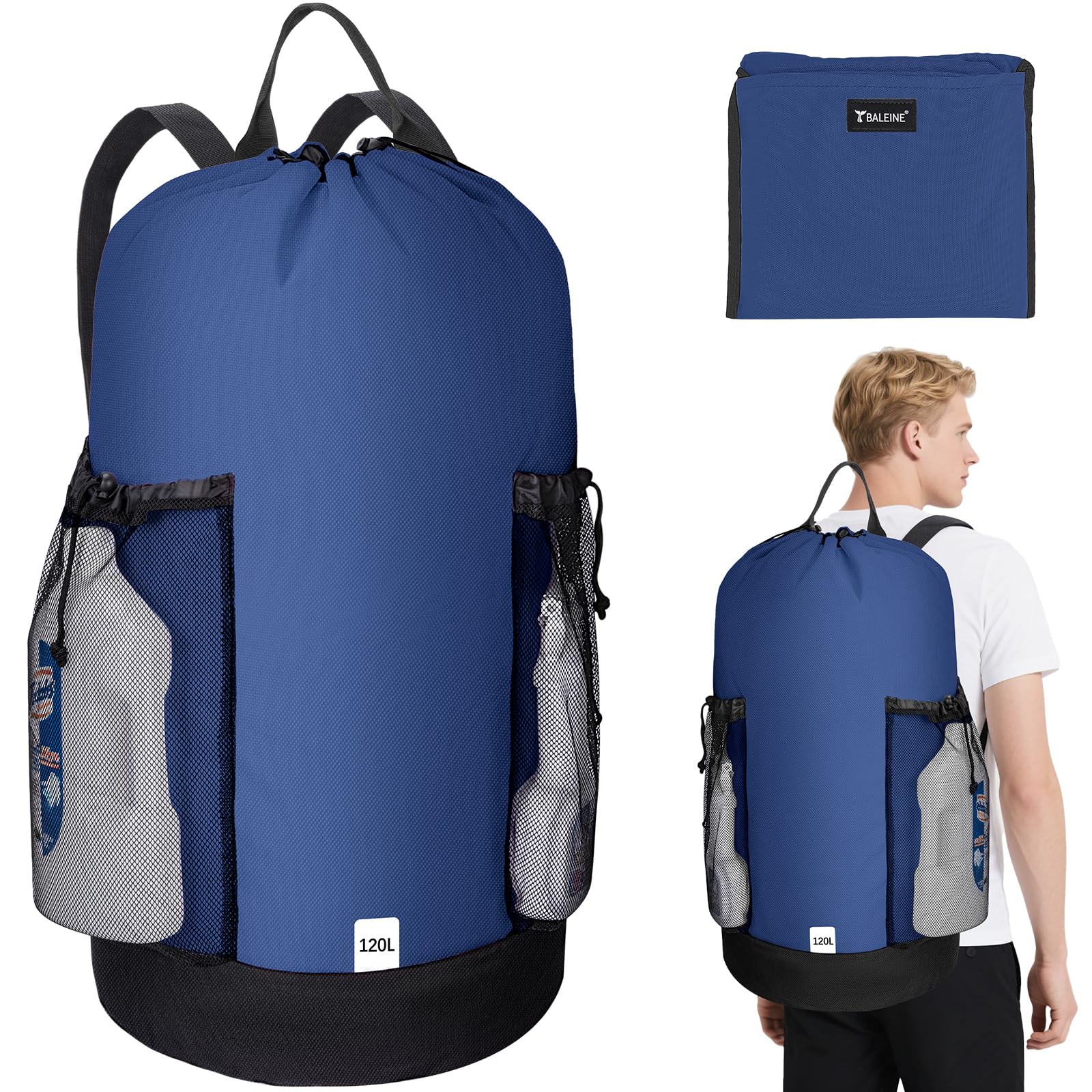 BALEINE 120L Laundry Bag Backpack, 900D Oxford Fabric Large Travel Laundry Bags with Shoulder Straps and 2 Mesh Pockets for College Dorm, Apartment, Laundromat (Navy, 120L)