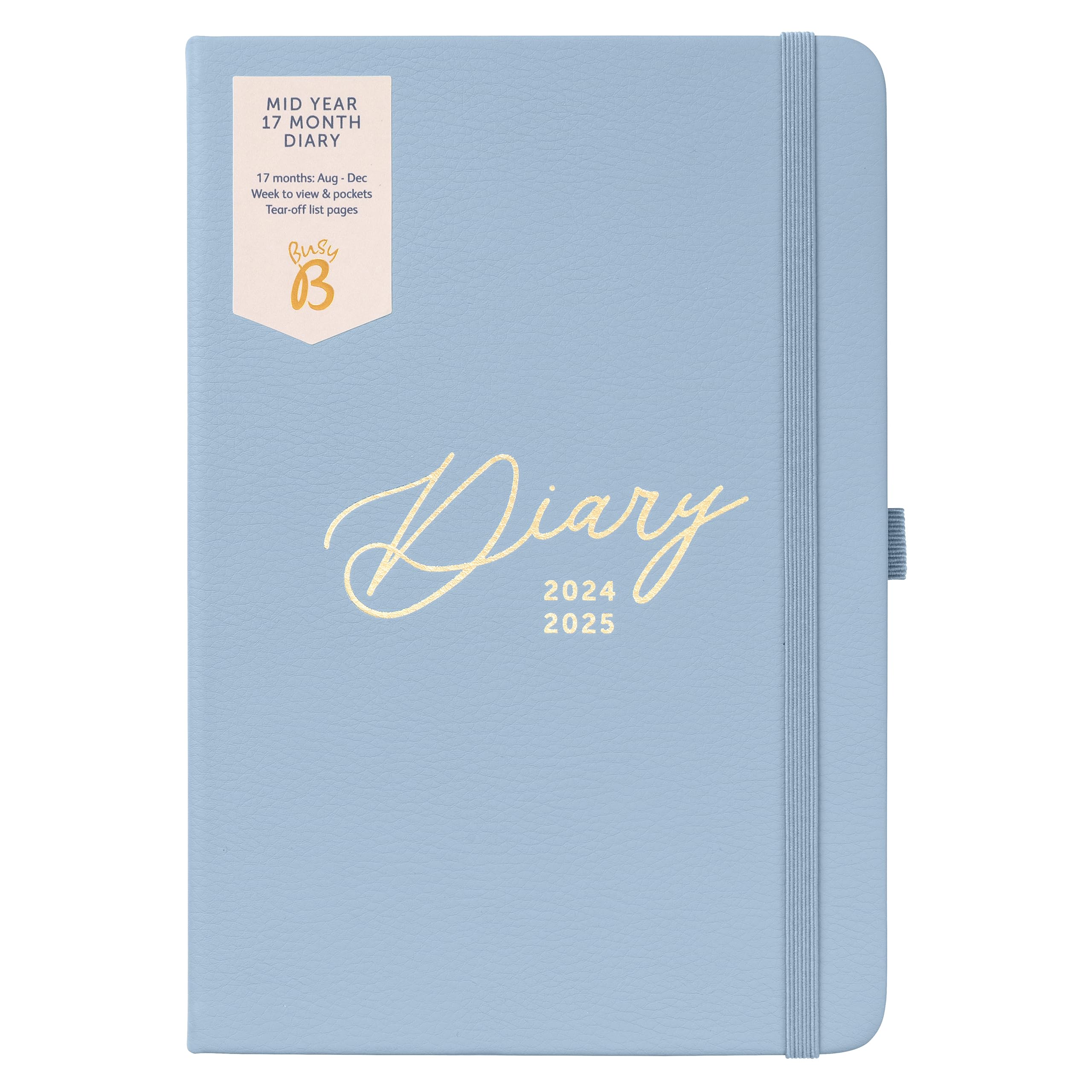 Busy B Mid Year 17 Month Diary August 2024 - December 2025. Blue Faux Leather Academic Diary 2024-2025 A5 Week to View Planner with Pen Holder, Elastic Closure and Storage Pockets — image 1