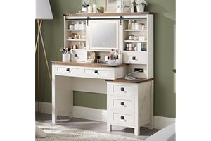 T4TREAM 48'' Farmhouse Makeup Vanity Desk with Sliding HD Mirror and Lights, Big Modern Lighted Vanity Table with 7 Drawers & Shelves, Rustic Large Dressing Table, Antique White