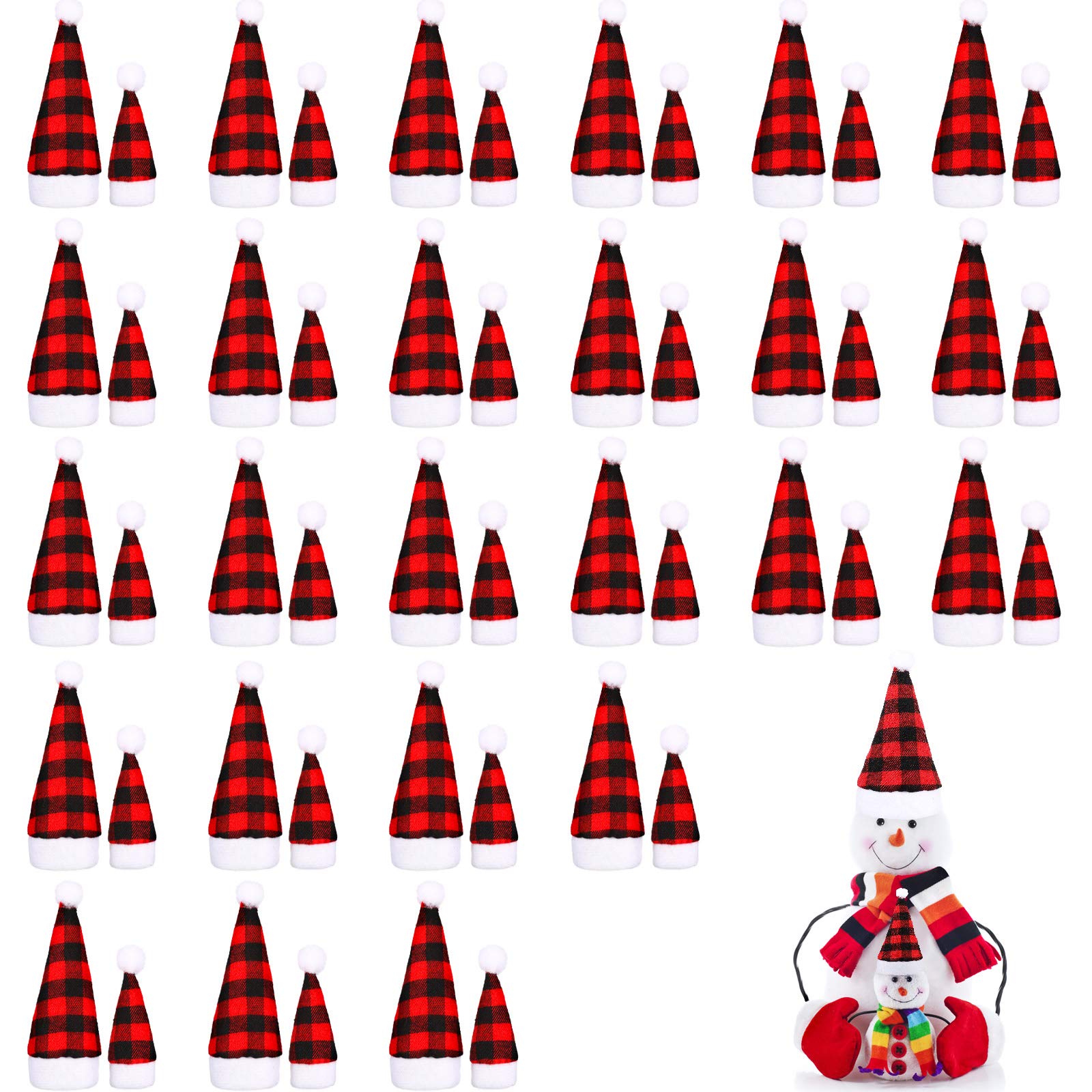 50 Pieces Mini Christmas Hat, 2 Sizes Mini Buffalo Plaid Santa Hats, Mini Christmas Doll Crafts Hat for Christmas Tree Ornaments Cup Bottles Cover DIY Craft Art Decoration