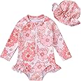 Infant Baby Girl Swimsuit One-Piece Long Sleeve Rash Guard with Hat Set Floral Zipper Bathing Suit Leopard Beach Wear