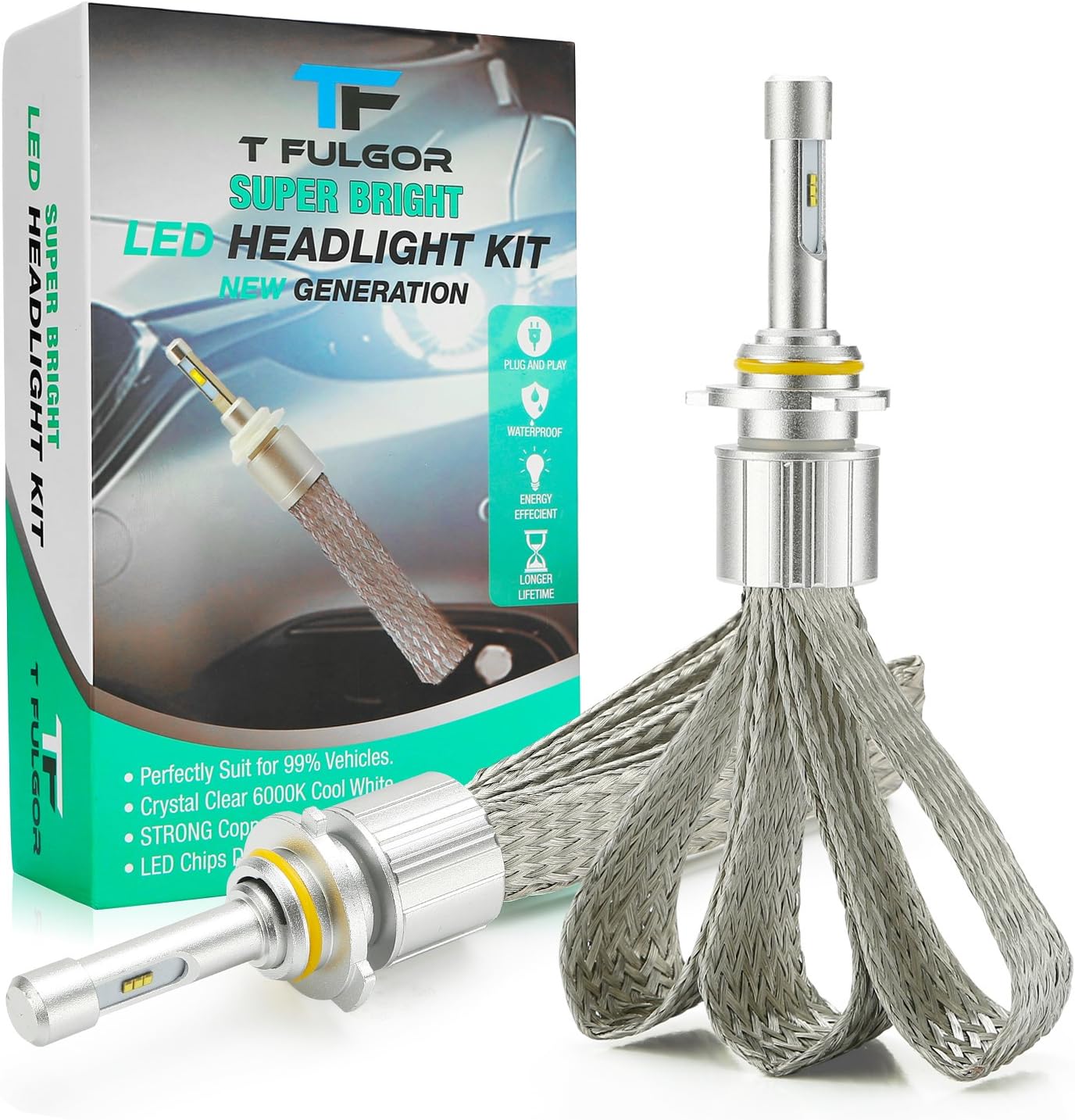 T FULGOR Super Bright 9005 LED Headlight Bulbs Conversion Kit with eight LED chips, Purple copper braid, 40w, 11,000 Lumens, 6000K Cool White light, IP68 Waterproof,1 pair (9005/9006)