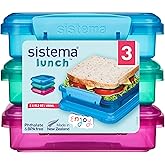 Sistema 3-Piece Sandwhich Containers for Lunch Boxes and Meal Prep, Dishwasher Safe, 1.9-Cup, Blue/Green/Pink