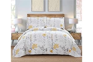 GREEN ESSEN 3 Pcs King Size Yellow White Flower Bedding Quilts Lightweight Summer Bedspread Floral Daybed Cover Vintage Plant Garden Coverlet Blanket 106"x96" Quilt with 2 King Pillow Shams