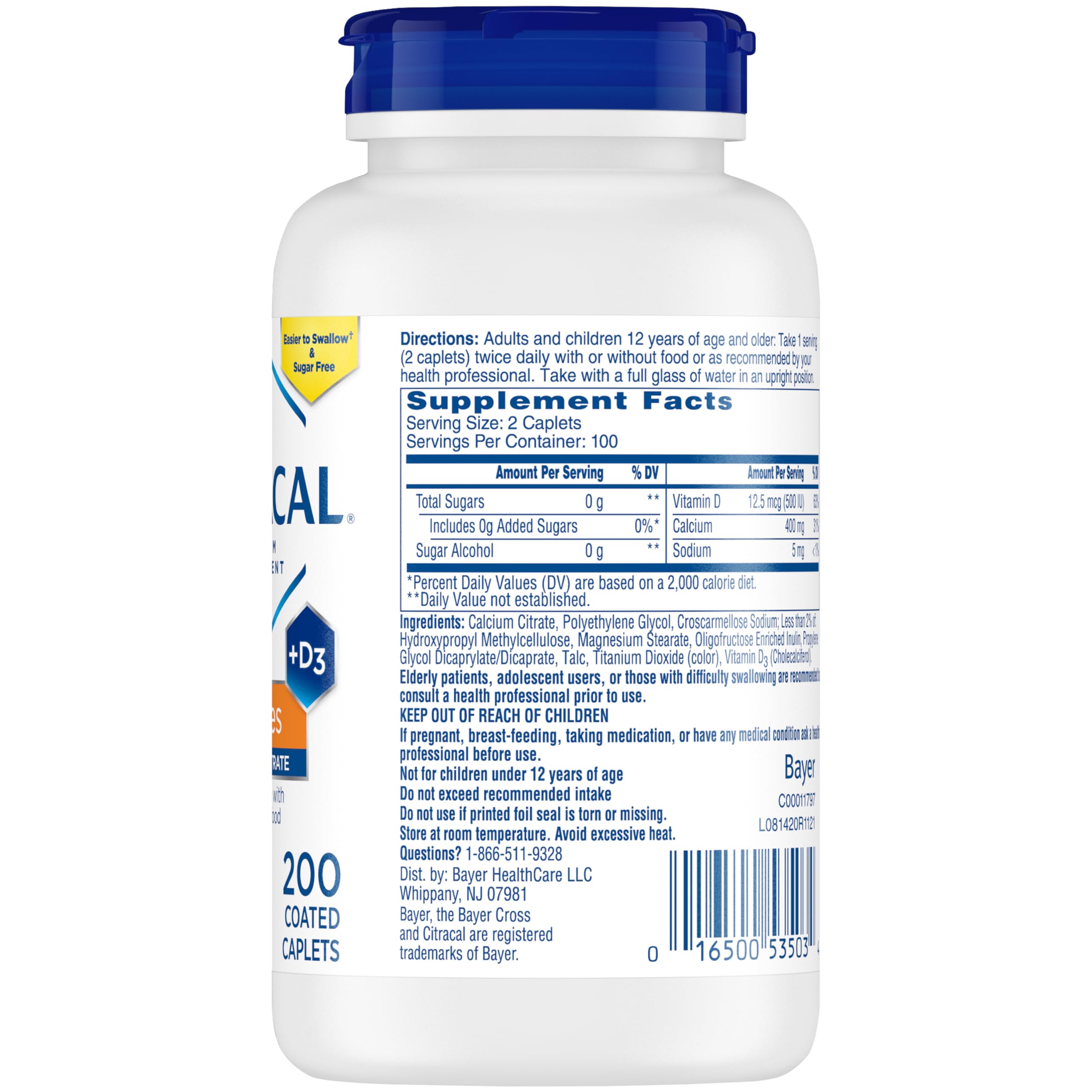 Citracal Petites, 400 mg Calcium Citrate, Easily Absorbed and Highly Soluble with 12.5 mcg (500 IU) Vitamin D3, Bone Health Support for Ages 12+, Smaller caplets, 200 Count (Packaging May Vary)
