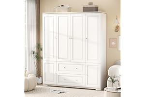 Mhsatyrs White Armoire Wardrobe Closet with Drawers: Wardrobe Closet for Hanging Clothes, Modern Bedroom Armoires with Hanging Rod, Wardrobes Closets with 4 Doors and Shelves (White, 59")