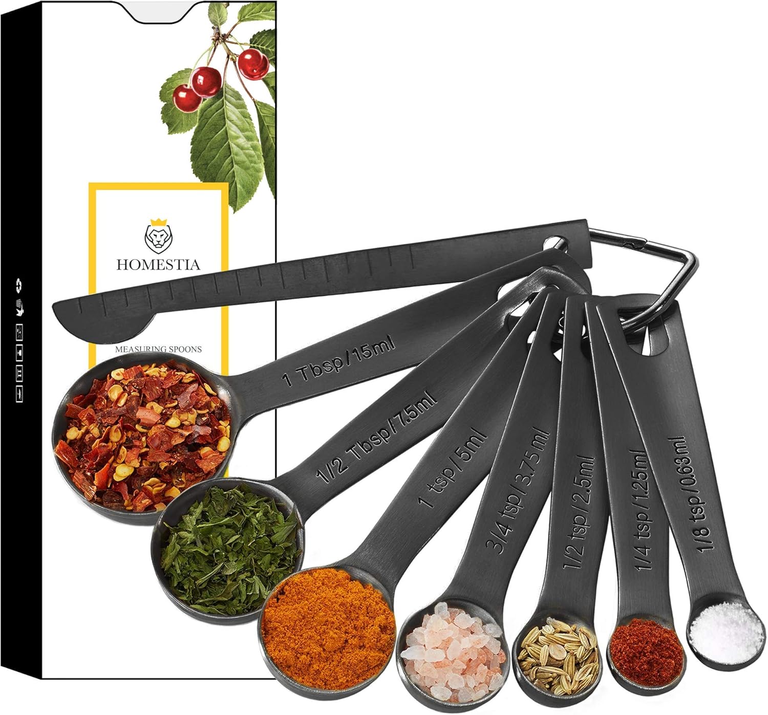 Black Measuring Spoons Heavy Duty 18/8 Stainless Steel Measuring Set of 8 with Leveler includes: 1/8 tsp, 1/4 tsp, 1/2 tsp, 3/4 tsp, 1 tsp, 1/2 tbsp, 1 tbsp for Dry and Liquid Ingredients by Homestia: Kitchen & Dining