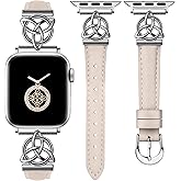 Minyee Compatible with Apple Watch Bands Leather 38/40/41/42/44/45/46/49mm Women, Slim Dressy Leather Strap with Celtic Knot Triquetra Metal Buckle for iWatch Series 11 10 9 8 7 6 5 4 SE/Ultra 3 2 1