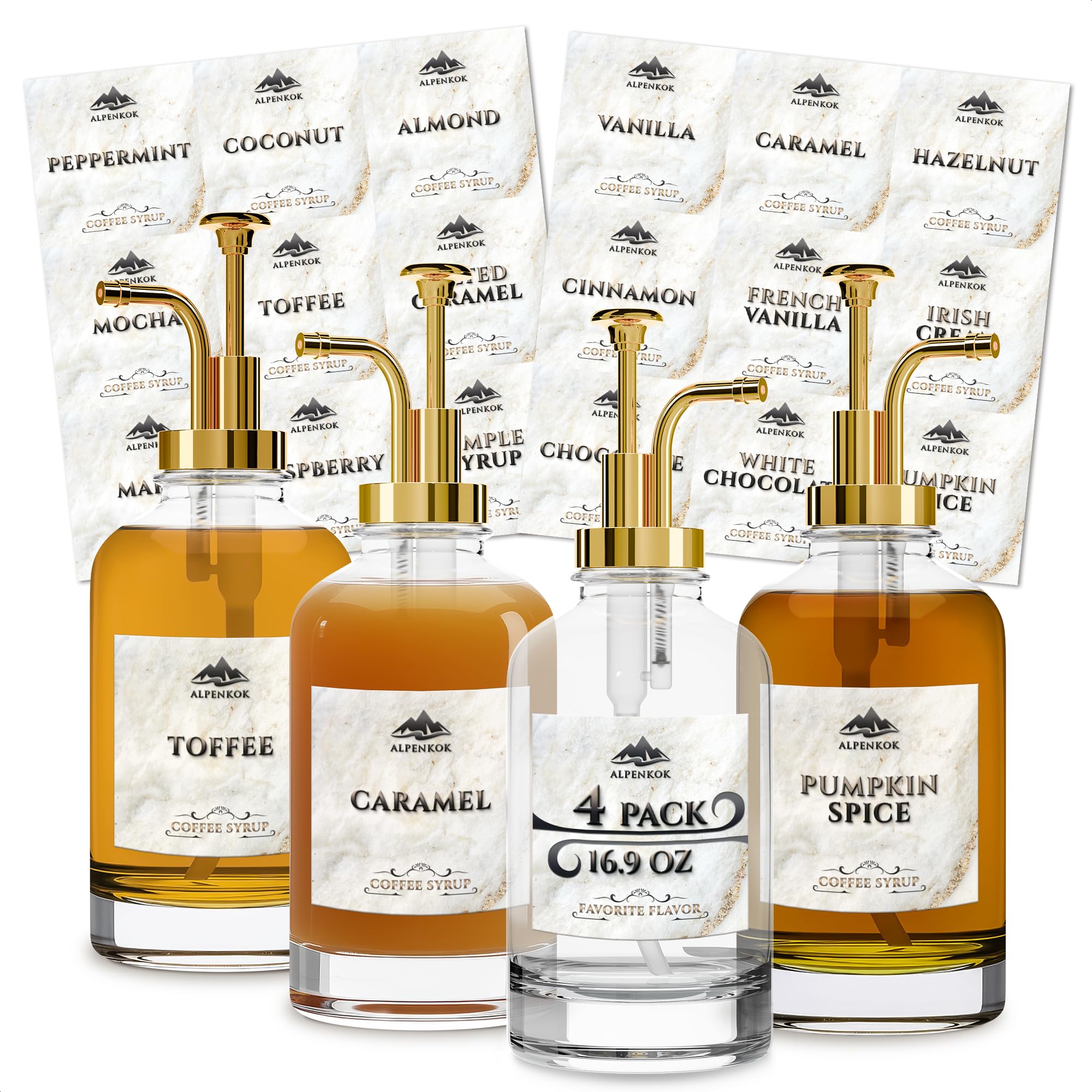 Set of 4 Coffee Syrup Bottles 16.9oz 500 ml – Coffee Syrup Glass Dispenser with 18 Marked Labels, Leak-Proof, Easy Cleaning – Coffee Station Accessories for Home Bar | Event Ready (Golden Pumps) Image