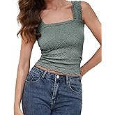 PICPUNMAK Women Square Neck Wide Straps Crop Tank Tops Flower Lettuce Trim Crop Vest Slim Fitted Sleeveless Cropped Cami Top