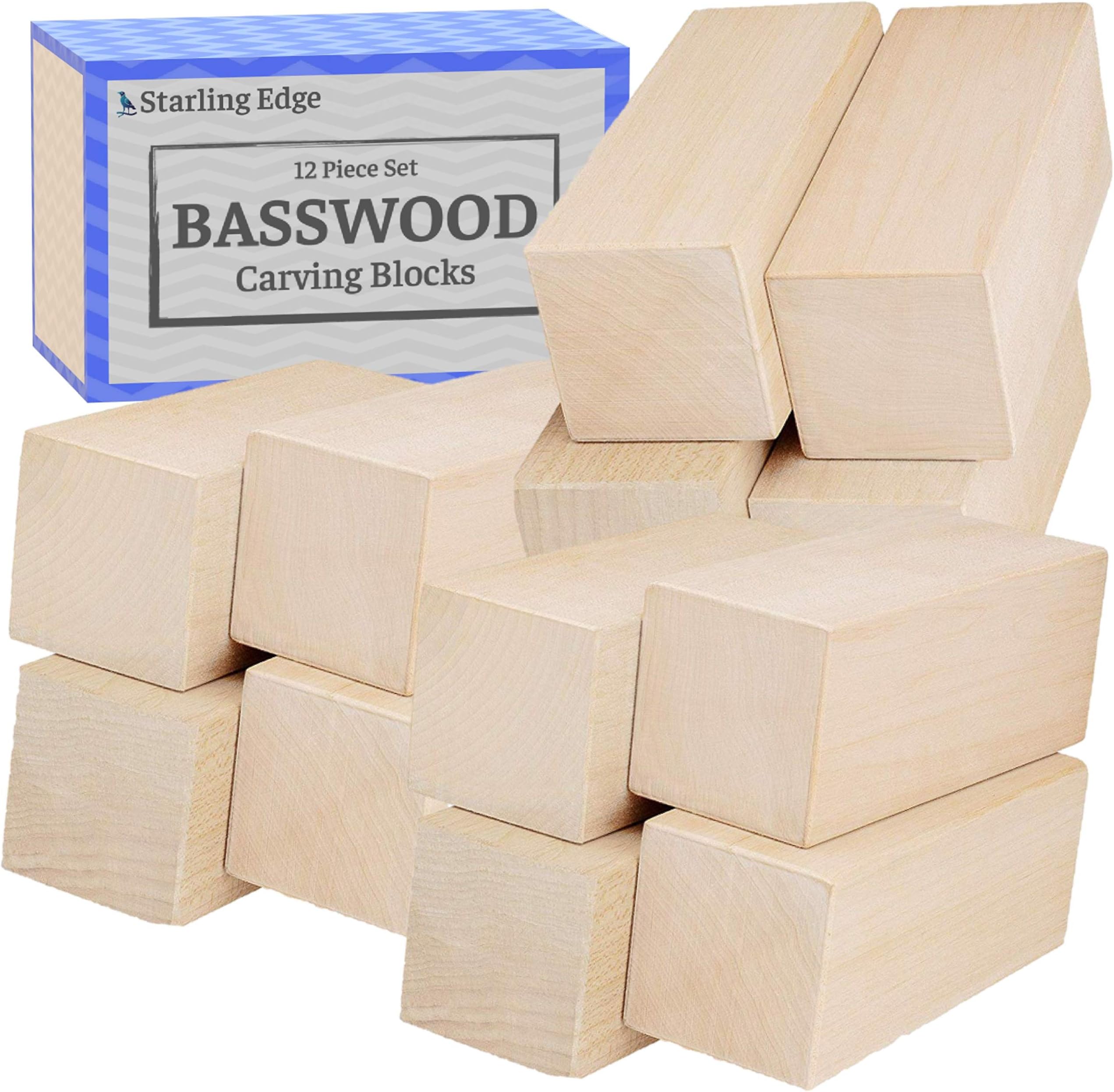 Basswood Blocks for Carving - 12 Piece Wood Carving Kit with 2" x 2" x 5" Large Unfinished Whittling Wood Blank Blocks