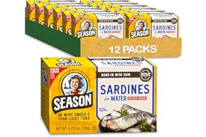 Season Sardines in Water - No Salt Added, Wild Caught, 22g of Protein, Keto Snacks, More Omega 3's Than Tuna, Kosher, High in Calcium, Canned Sardines - 4.37 Oz Tins, 12-Pack