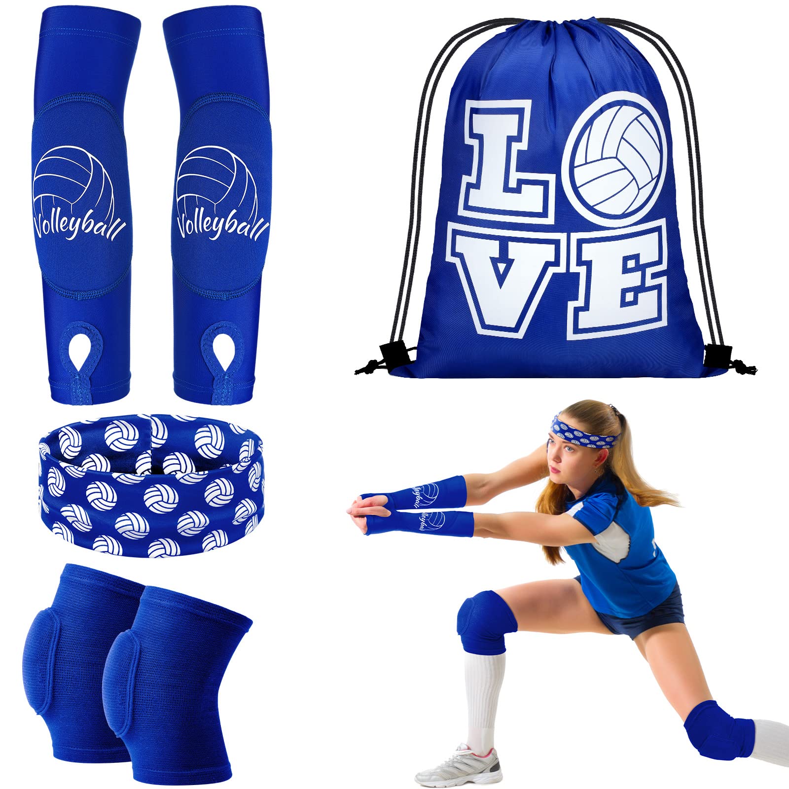 Photo 1 of Yinder 4 Pcs Volleyball Knee Pad and Arm Sleeve Volleyball Accessories Stuff Forearm Elbow Sleeve Wrist Guard with Protection Pad and Thumb Hole for Women Men Adult(Small,Blue)