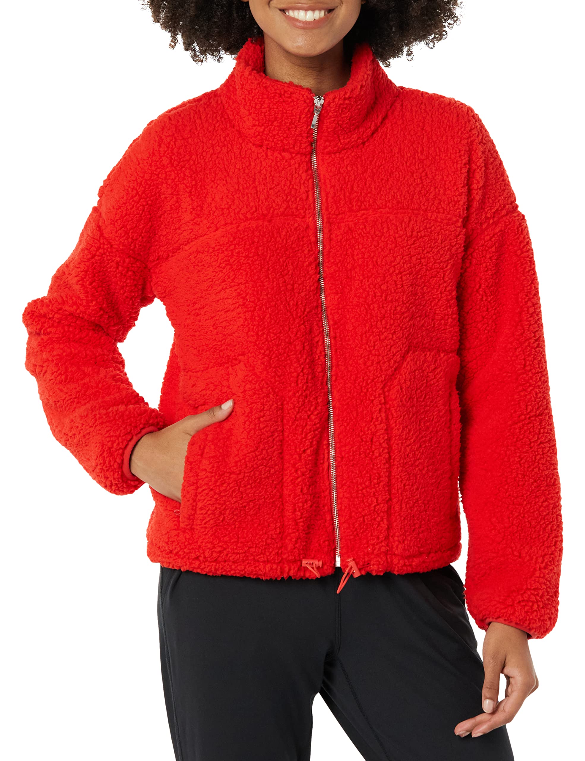 Amazon Essentials Women's Long Sleeve Fleece Zip-Up Sherpa Lined Jacket with Stand Neck, Poppy Red, Small Image
