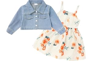 ZOELNIC Baby Girls Floral Suspender Dress & Long-Sleeved Toddler Girl's Lovely Denim Jacket Outfit Cardigan Set