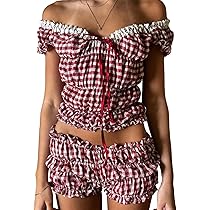 NUFIWI Women Y2k Cute 2 Piece Shorts Set Off Shoulder Crop Top