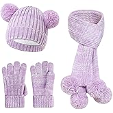 Kids Winter Hat Gloves Scarf Set, Double Pom Beanie Warmer Mittens Fleece Lined 3-Piece Set for Boys Girls