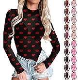 Valentines Mesh Top for Women,Love Heart Printed Long Sleeve Top Sexy Bodycon See Through Layering Tops for Women 2026