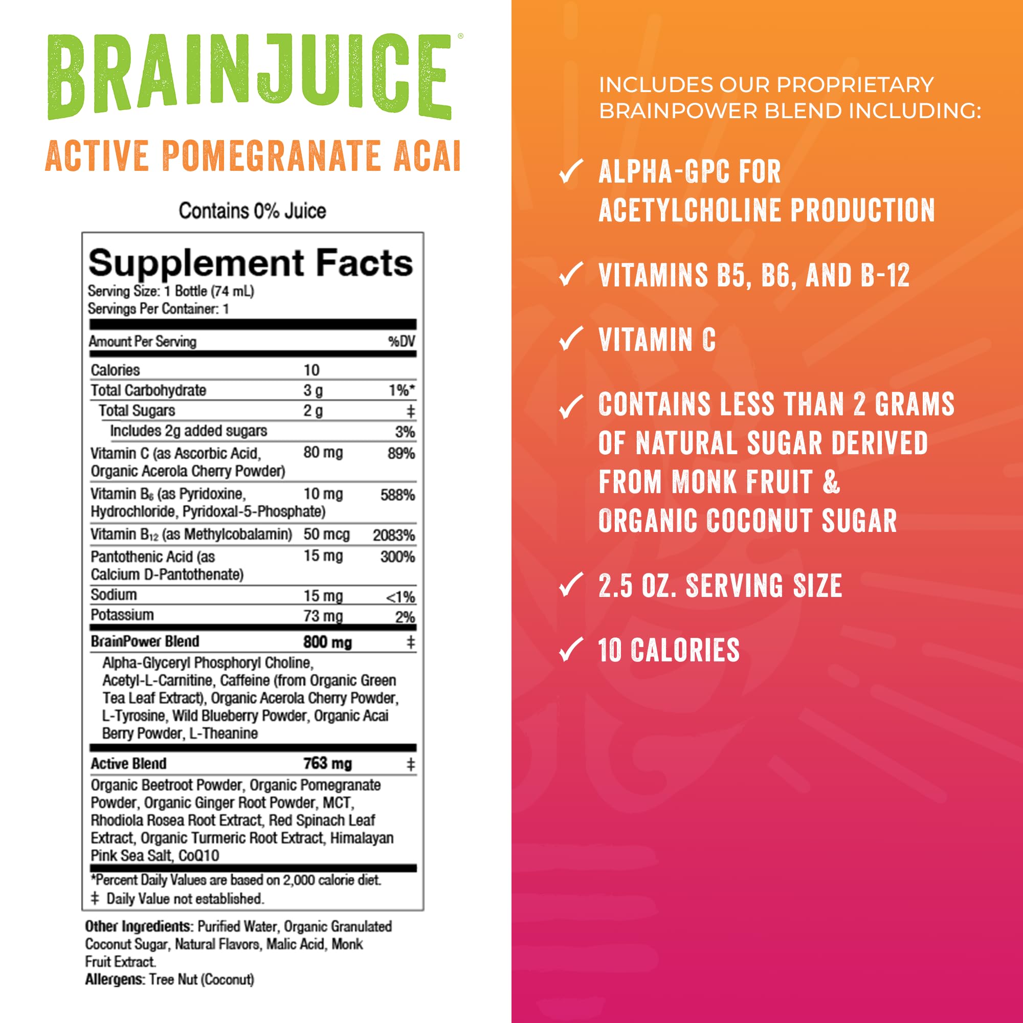 BrainJuice Brain Support Shot – Focus & Energy Supplement with Alpha GPC, B Vitamins & Green Tea Extract – Pomegranate Acai Flavor, 2.5 fl oz, 12-Pack