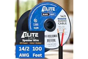 Elite 14/2 Speaker Wire 100ft, UL Listed, CMR/CL3R, (Riser/In-Wall & Outdoor/In-Ground (Direct Burial)- 100% Oxygen Free Pure Bare Copper (OFC), 14AWG/2-Conductor, 100ft Bulk Cable (105 strands) Black