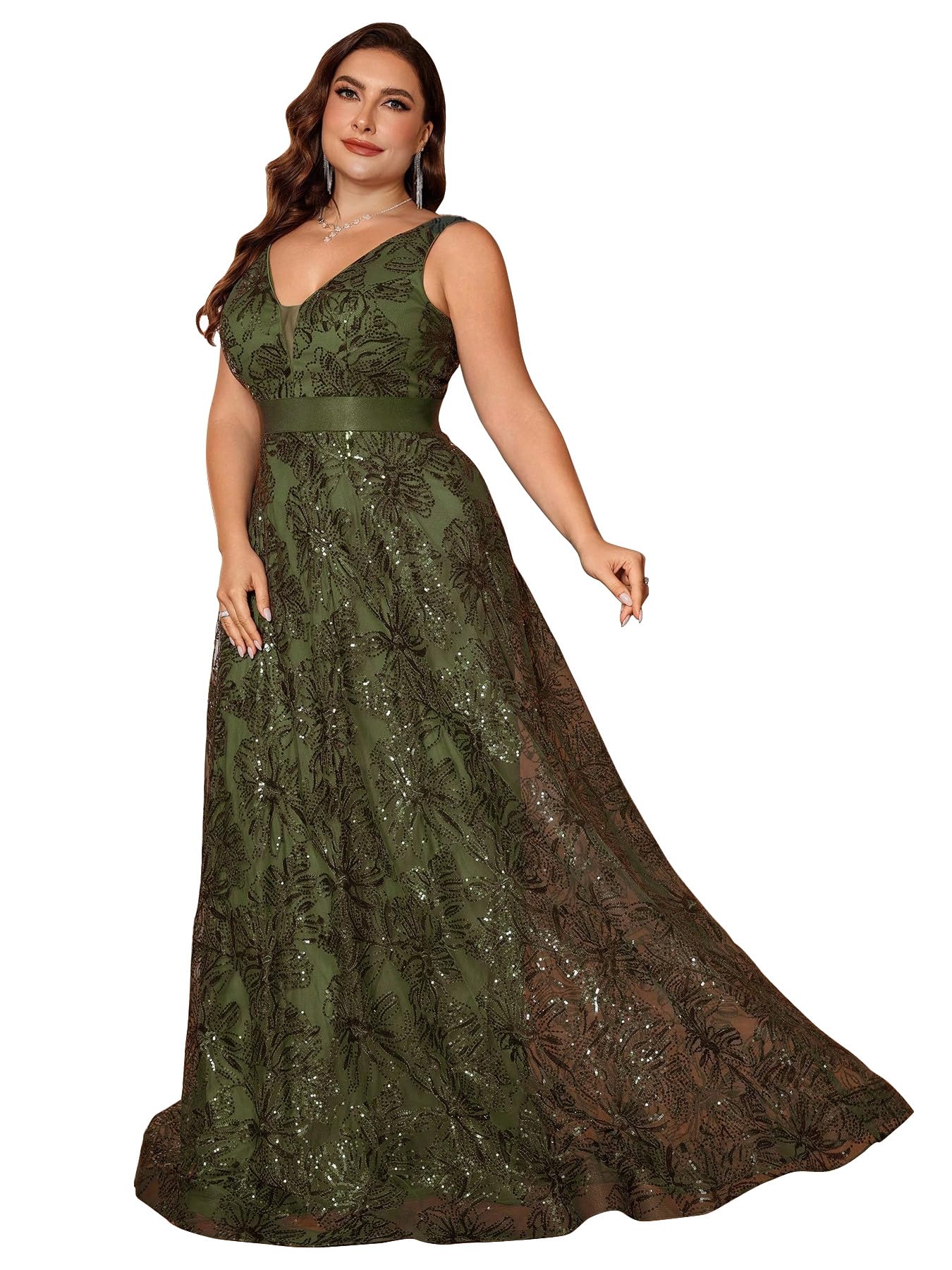 Photo 1 of Plus Size Sleeveless Glitter Sequined Womens Long Formal Gown Aline Wedding Guest Dress Floor Length Evening Dresses Olive Green 1XL