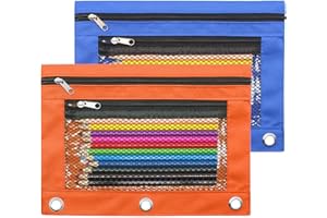 Cinvo Pencil Pouch 3 Ring Binder Pouch Zippered Pencil Case Canvas Pencil Bag with 2 Compartments (Set of 2, Blue and Orange)