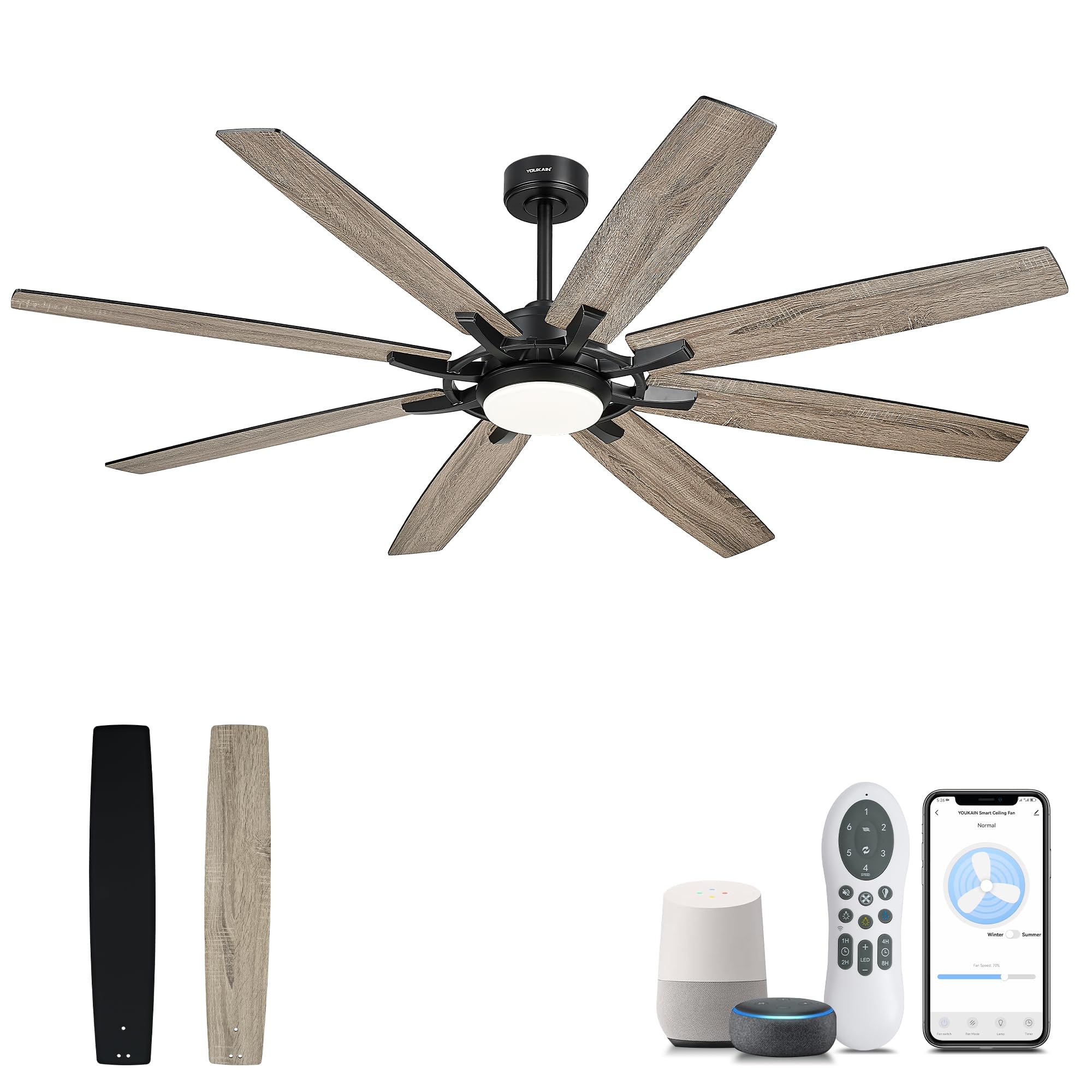 Photo 1 of YOUKAIN 70inch Large Ceiling Fans, Indoor/Outdoor Black Ceiling Fan with Lights and Remote, Dual Finish 8 Blades, Modern Smart Ceiling Fans Work with WiFi Alexa App, 70-YJ805-BK