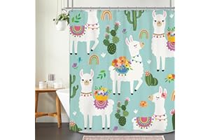 Ufeela Kids Cartoon Llama Alpaca Shower Curtain 60Wx72L Inch Cute Funny Animal Cactus Boho Rainbow Plant Shower Curtain Bathroom Set Colorful Nursery Child Bath Curtain Bathtub Accessories Home Decor