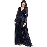 Betsy & Adam Womens Betsy & Adam Women's Long Sleeve V-Neck, Floor-Length, Metallic Knit Wrap Dress