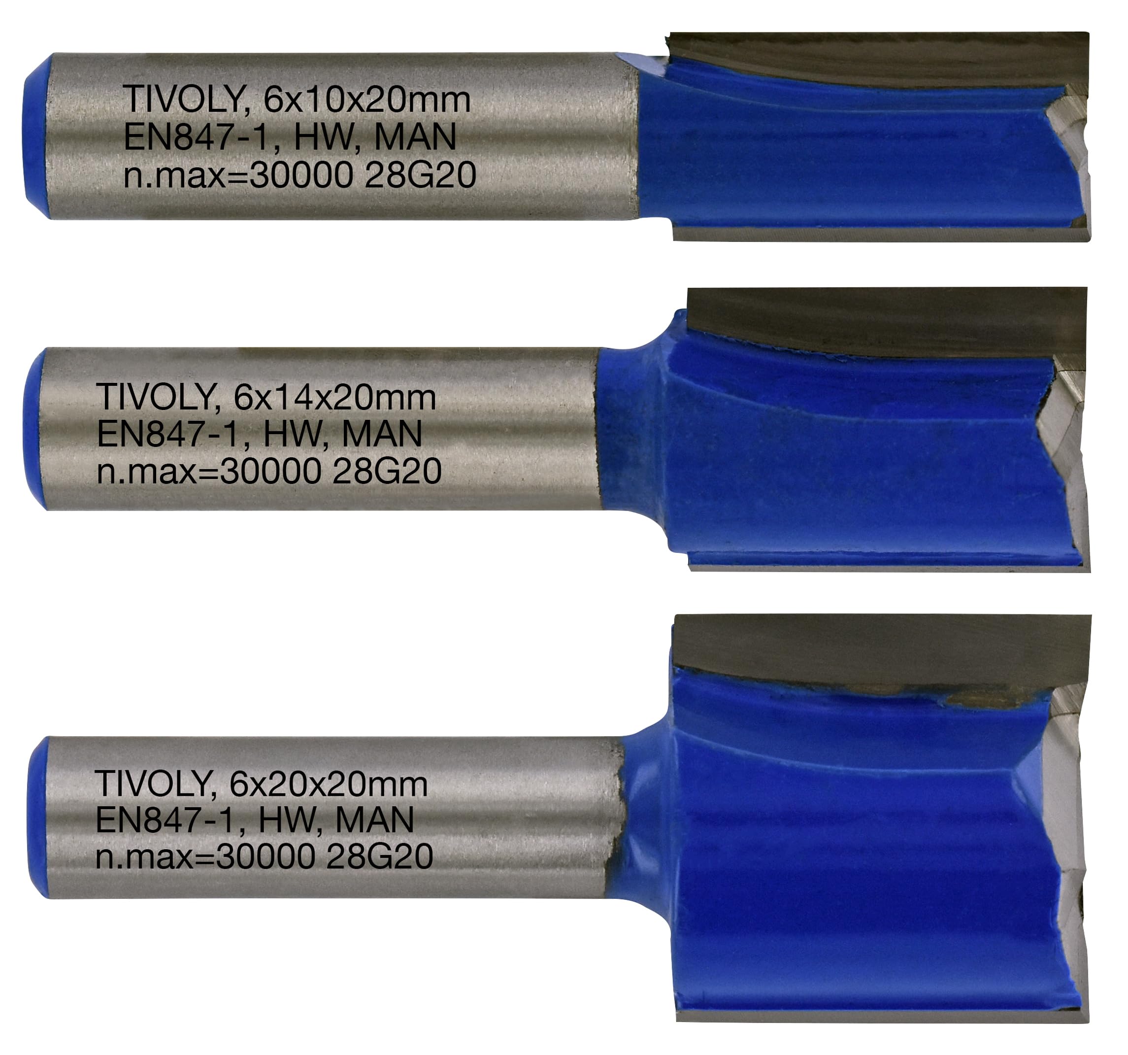 Tivoly XT60642067305 Straight Router Bits | 2 Diamond Cut Cutters Diameter 10-14-20 mm, Blue