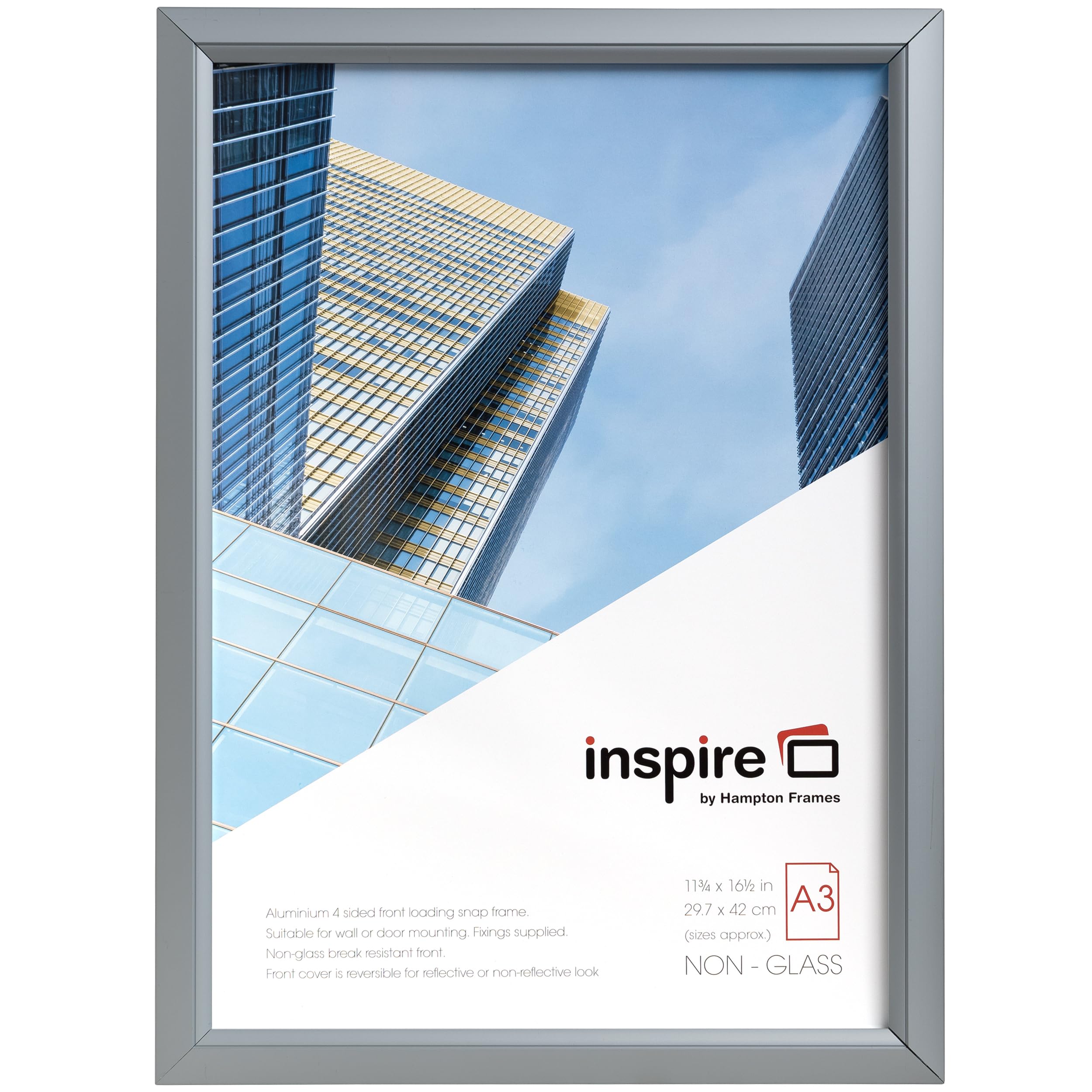 inspire by Hampton Frames | Snap Frame | A3 (30x42cm), Silver, Rectangular, Acrylic Front | Easy Poster Change, Wall Mountable, Lightweight | Display Photos, Posters, Certificates