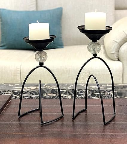 Kraftyhome Candle Holder Set for Home Decor | Black Candle Stand | Crystal Bead -S/2 SM