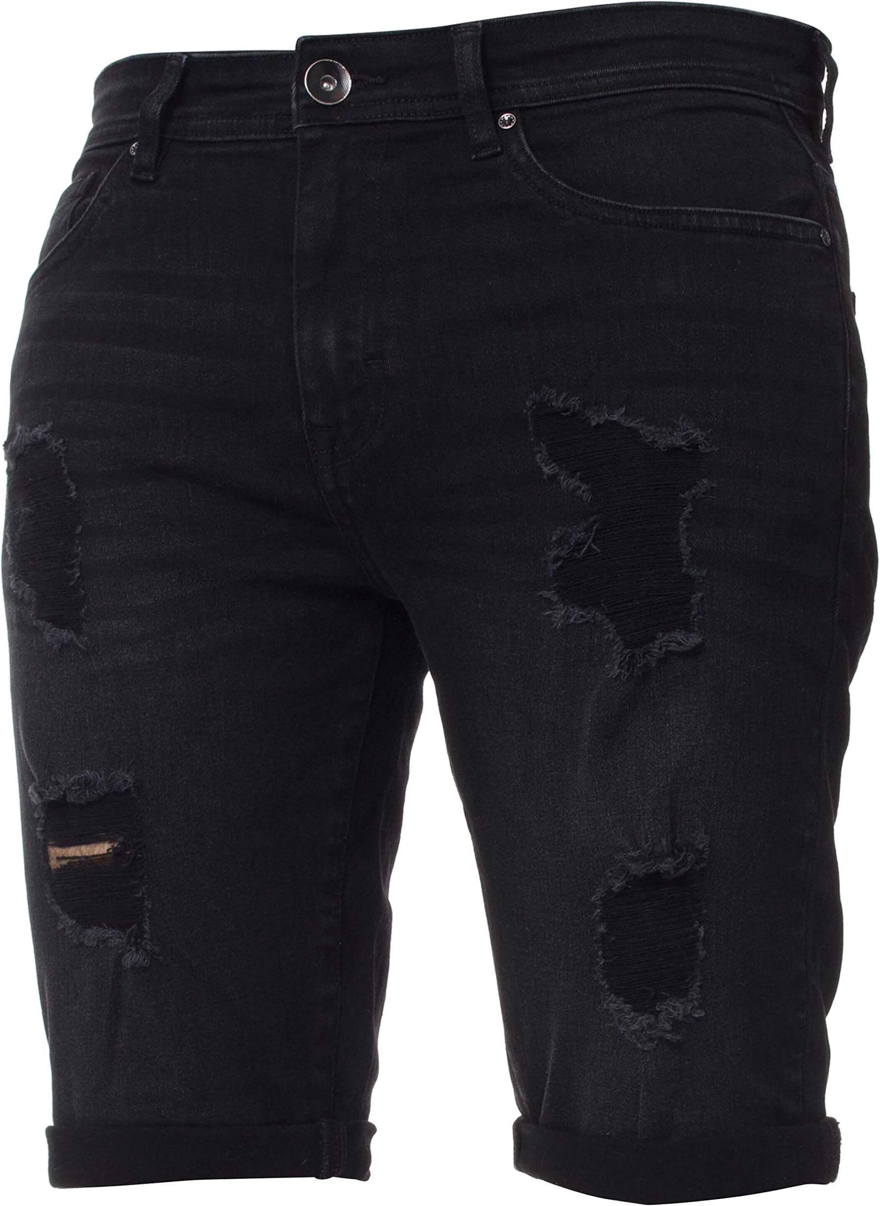 Enzo Mens Skinny Stretch Shorts Ripped Knee Length Jeans Denim Half Pants