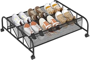 FKUO 2 Tier Shoe Rack Underbed Organizer Storage Rack with Wheels Woven Mesh Cloth Shoe Organizer Drawer Space Saving for Bedroom (Black, 1 Pack)