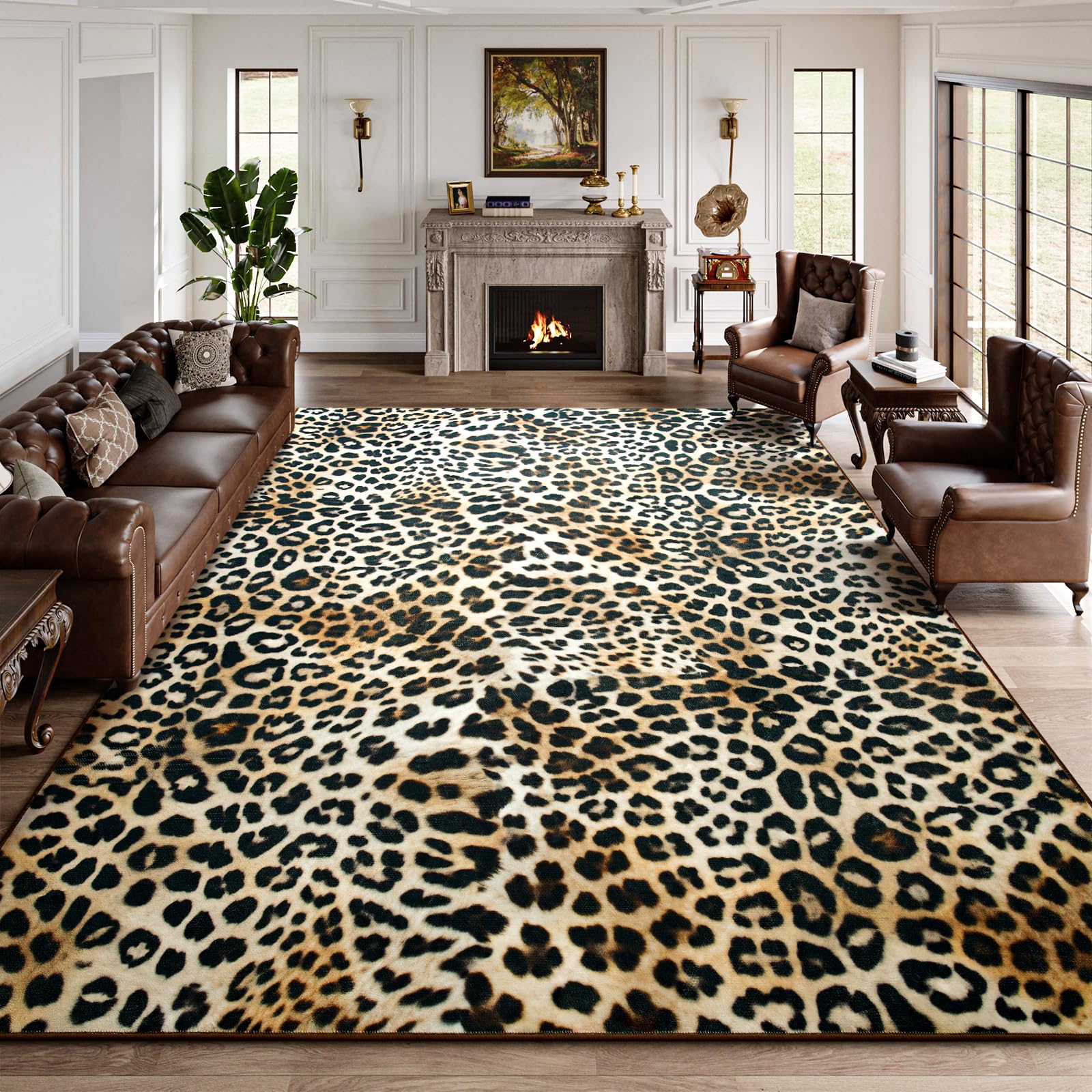 Photo 1 of DweIke Leopard Print Rug for Living Room, Machine Washable 5x7 Cheetah Area Rugs for Bedroom, Non-Slip Low Pile Animal Hide Carpet with Rubber Backing for Dining Room Kitchen Home Decor,White Brown