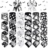 Wavyknot 6 Rolls 30 Yards Black Halloween Wired Edge Ribbon Ghost Ribbon | 2 Inch Wide, Witch Hat Spider Web Bat Print, Halloween Floral Bow Making, Wreath Craft DIY, Gift Party Decor, 6 Styles