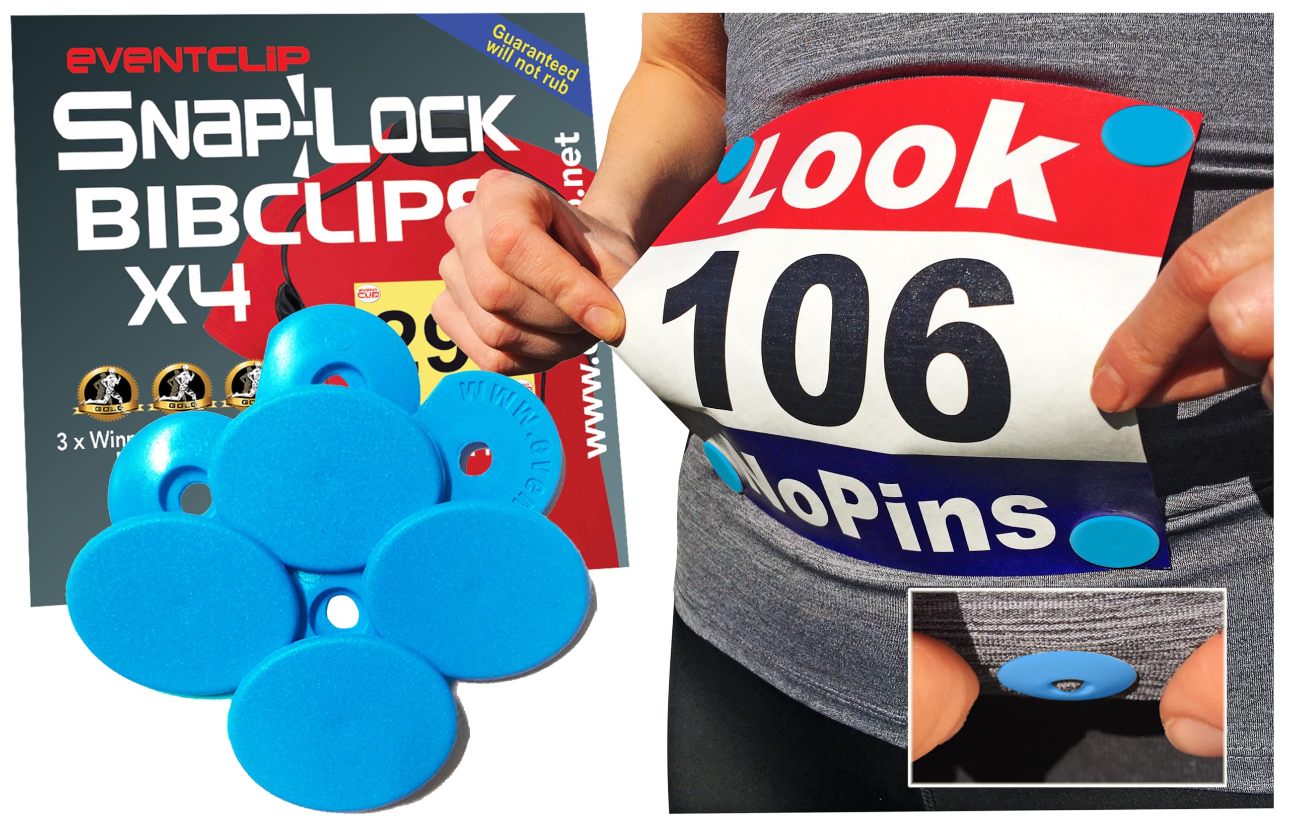 EventClip Race Bib Clips X 4 - CYAN. Proven Snap-Lock for Securing Running and Cycling Numbers. Made in the UK with Recycled Plastic Since 2009 Far better than Magnets. Fed up with Safety Pins?