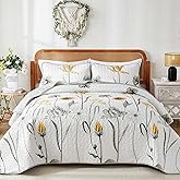 WONGS BEDDING Floral Quilt Set Queen,Grey and Yellow Bedspread Coverlet Bedding Set with 2 Pillowcase,Lightweight Summer Floral Bedding Set for All Season (96"x90")