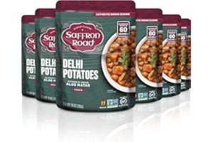Saffron Road Delhi Potatoes Ready to Eat Microwaveable Meal Pouch - Vegan, Gluten-Free, Non-GMO, 6-Pack 10 Oz Each Indian Curry with Protein, Fiber (Authentic Indian Aloo Matar)