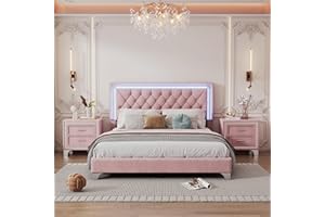 Harper & Bright Designs 3-Piece Queen Bedroom Set, Upholstered Platform Bed with LED Lights and 2 Nightstands, Modern Pink Bedroom Furniture
