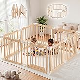 Foldable Wooden Playpen - Adjustable Wood Baby Play Yard with Child-Proof Lock, Indoor Large Safety Fence for Babies and Todd