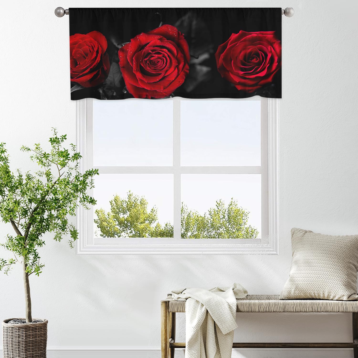 Photo 1 of zokyer Black and Red Floral Valance Curtains for Kitchen Rose Gothic Art Artistic Dark Women Girls Small Rod Pocket Panel Window Treatment for Living Room Bedroom Bathroom (52 x 18 Inch)