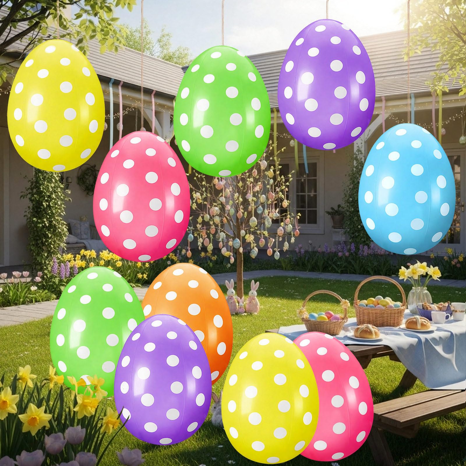 Photo 1 of 12 Pack 16 Inch Easter Inflatable Eggs Jumbo Outdoor Decorations Yard Lawn Decor Kids Toys Bunny Colorful Eggs Inflatable Ornaments for Garden, Party