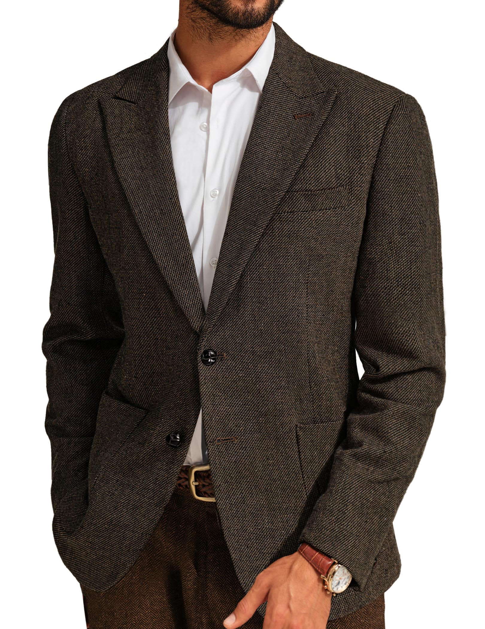 Photo 1 of PJ PAUL JONES Men's Herringbone Tweed Blazer British 2 Button Wool Blend Sport Coat Lightweight Jacket Coats Coffee XL