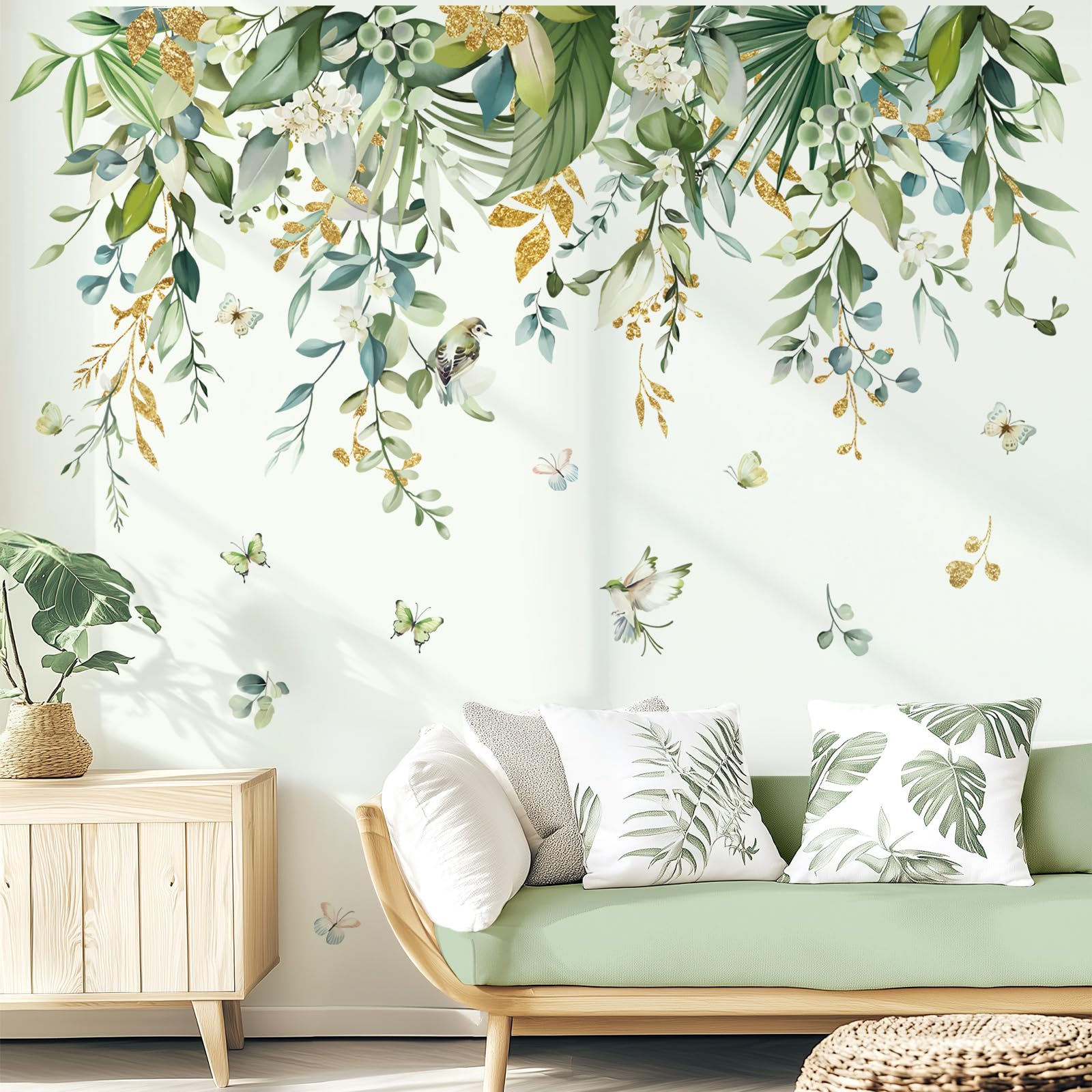 wondever Hanging Green Tropical Leaves Wall Stickers Palm Leaf Flower Plants Peel and Stick Wall Art Decals for Bedroom Living Room Sofa