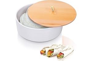 Ceramic Tortilla Warmer with Wooden Lid - 9 Inch Large Tortilla Holder Ideal for Keeping Tortillas Warm and Fresh