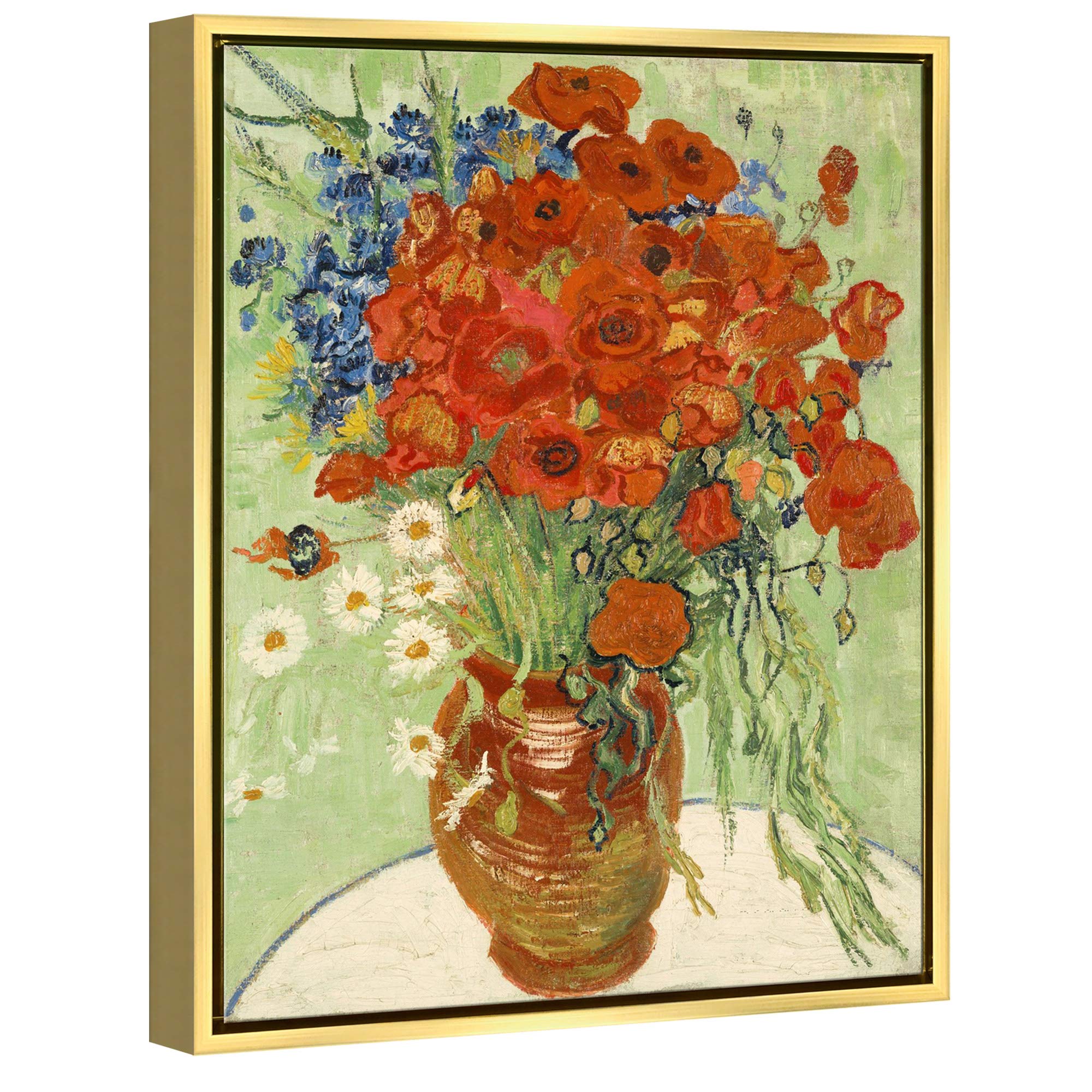 Wieco Art Gold Framed Red Poppies and Daisies Canvas Print of Van Gogh Classic Flowers Artwork Pictures on Canvas Wall Art for Home Office Decorations